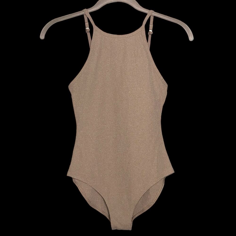 Girlfriend Collective Tan Ribbed Bodysuit Size S